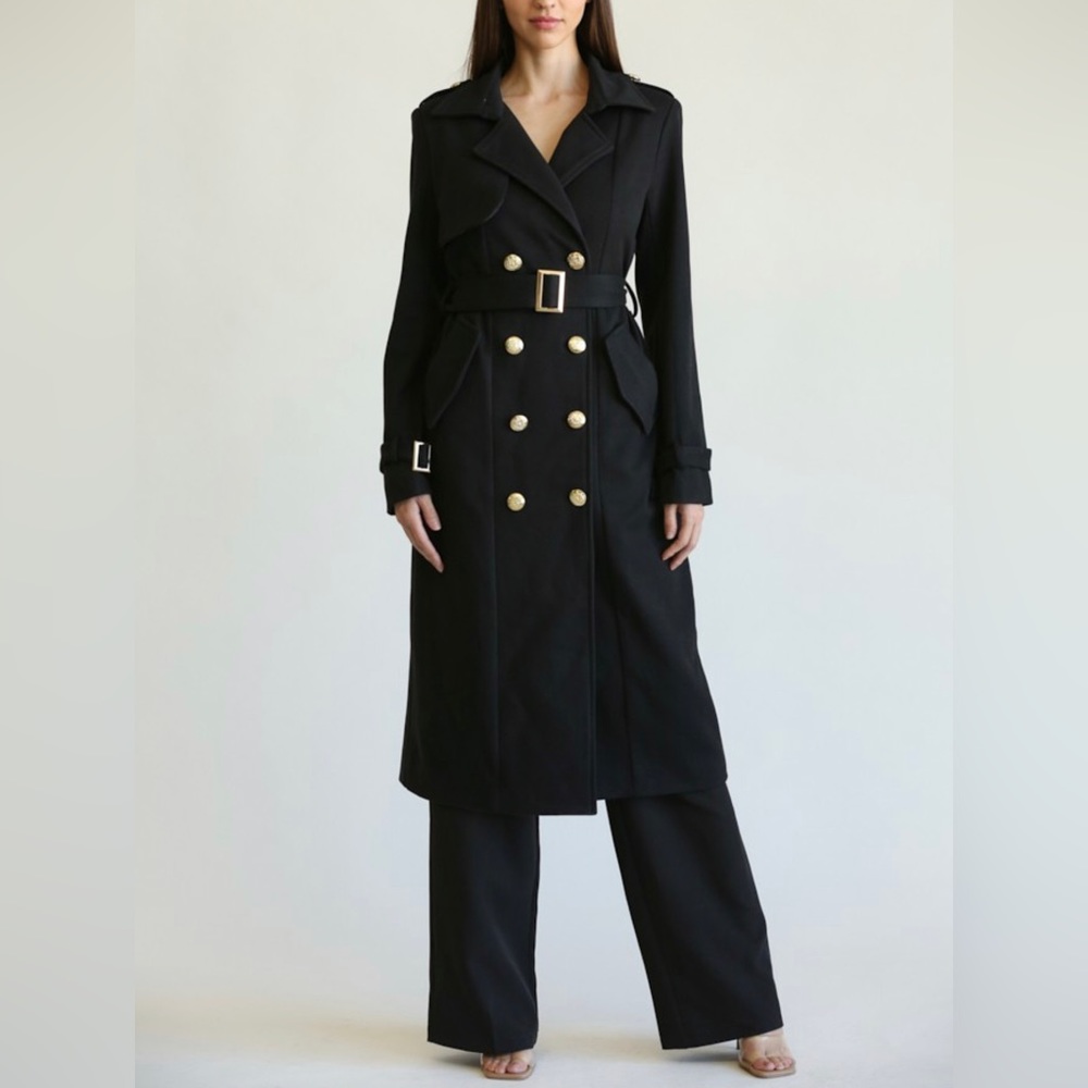 204. HIGH END - Ioana Gold Buttons Trench Coat in Black